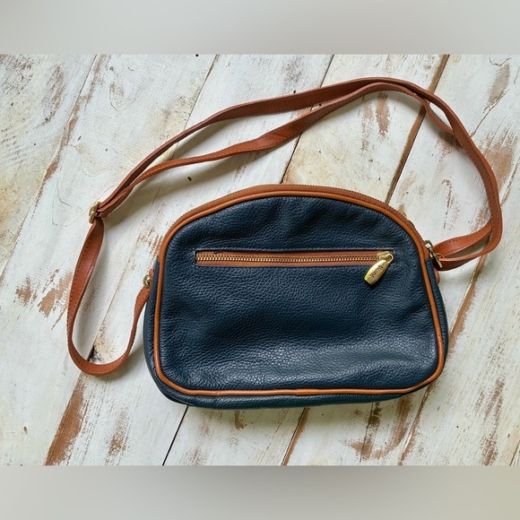 VALENTINA Genuine Leather purse Multi Zipper Crossbody Bag navy blue brown EUC - Picture 1 of 15